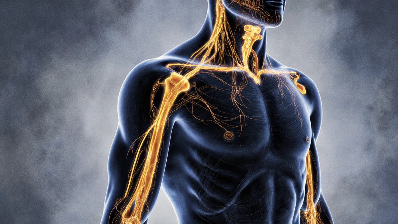 Glowing lymfatické cesty po těle symbolizují detoxikaci a obnovu buněk.