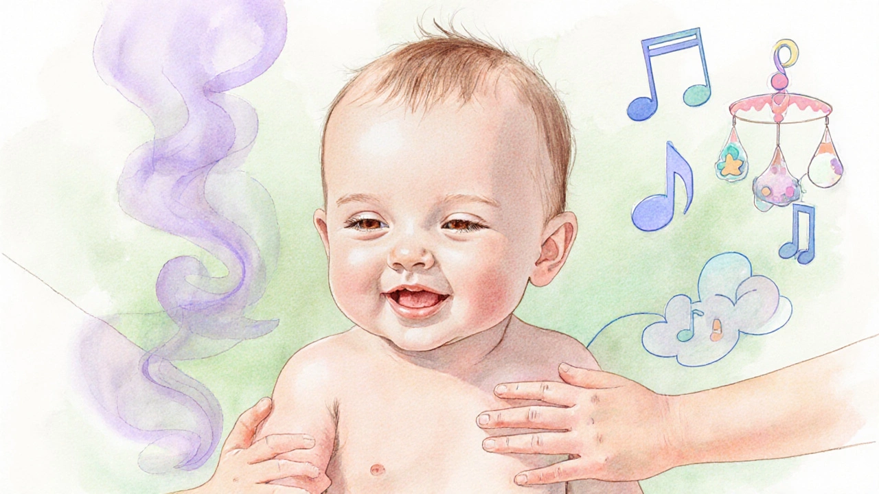 Infant se obklopený jemnými kouřovými a hudebními motivy představující smyslové podněty.
