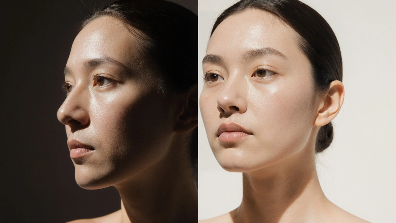 Porovnání před a po Breussové masáži: zlepšení obrysu obličeje a zářivé kůže.