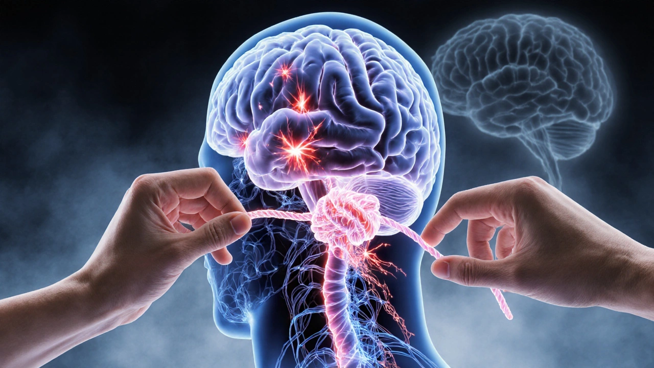 Abstraktní znázornění uvolnění napětí v krku a obnovy mozkové aktivity.