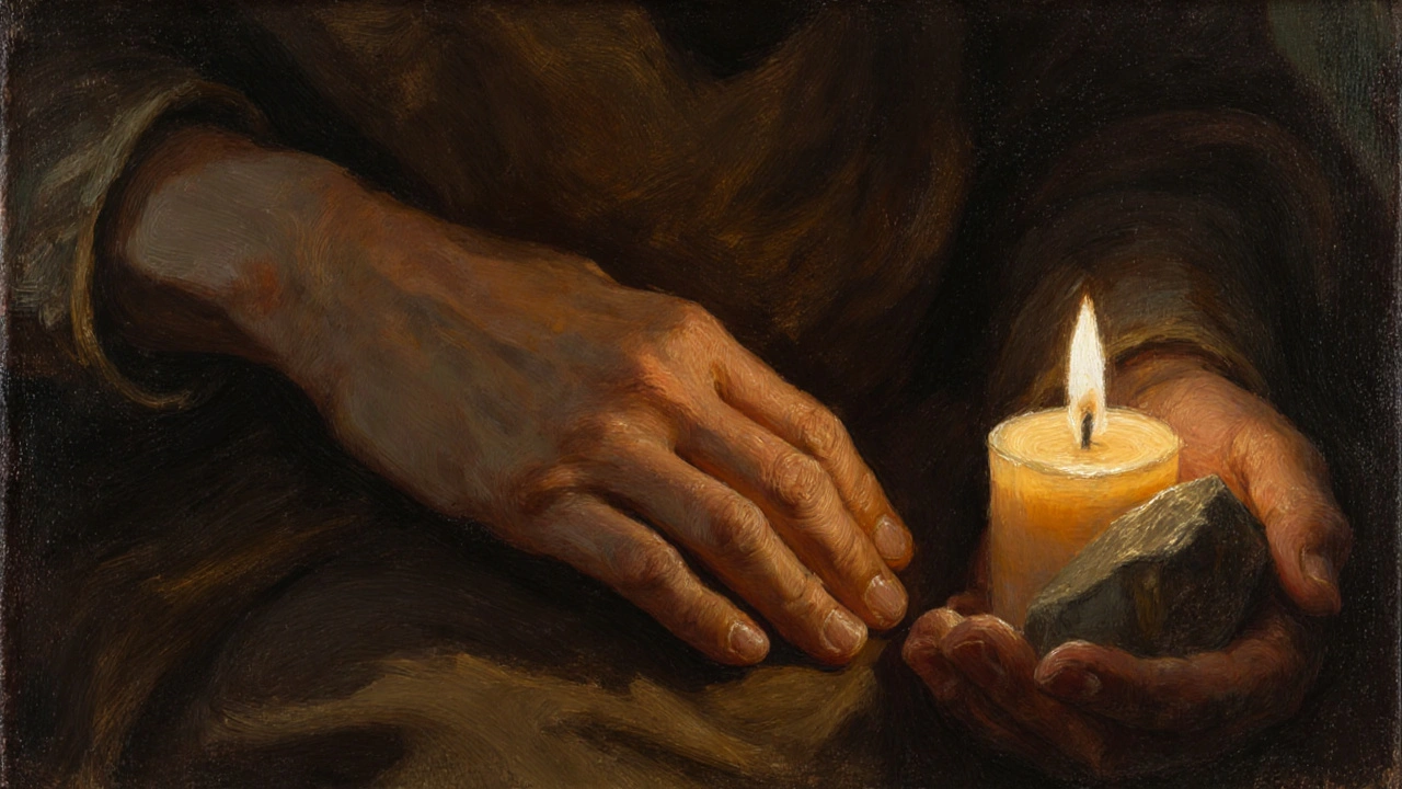 Dvě ruce v jemném kontaktu na břiše, jedna drží teplý kámen, osvětleno svíčkami.