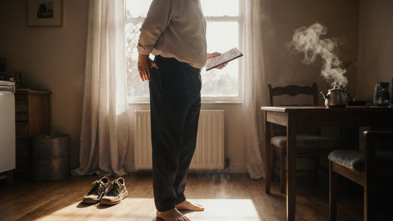 Muž stojí rovně po sezení, drží poznámky s domácími cvičeními.