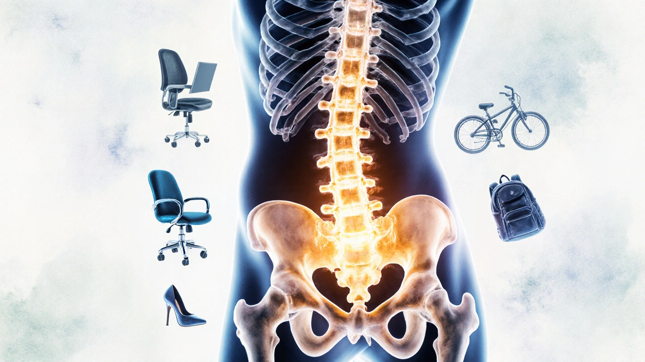 Opravená páteř a kyčle září zlatým světlem, zatímco špatné polohy jsou v pozadí.