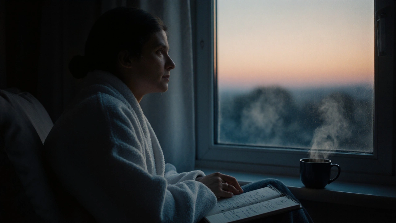 Osoba po masáži sedí u okna v plášti, dívá se ven, otevřený deník a čaj na stole.