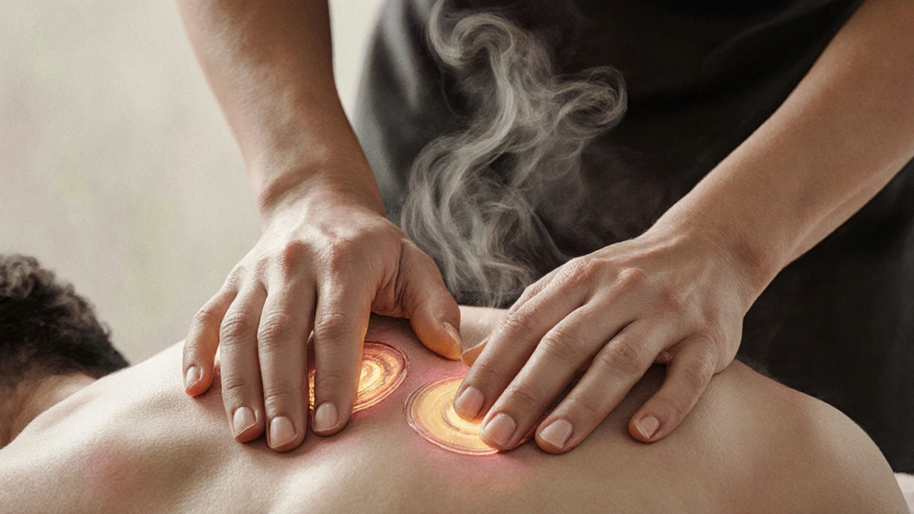 Profesionální masér masíruje záda rukama, zlaté záře symbolizují uvolnění a krevní oběh.