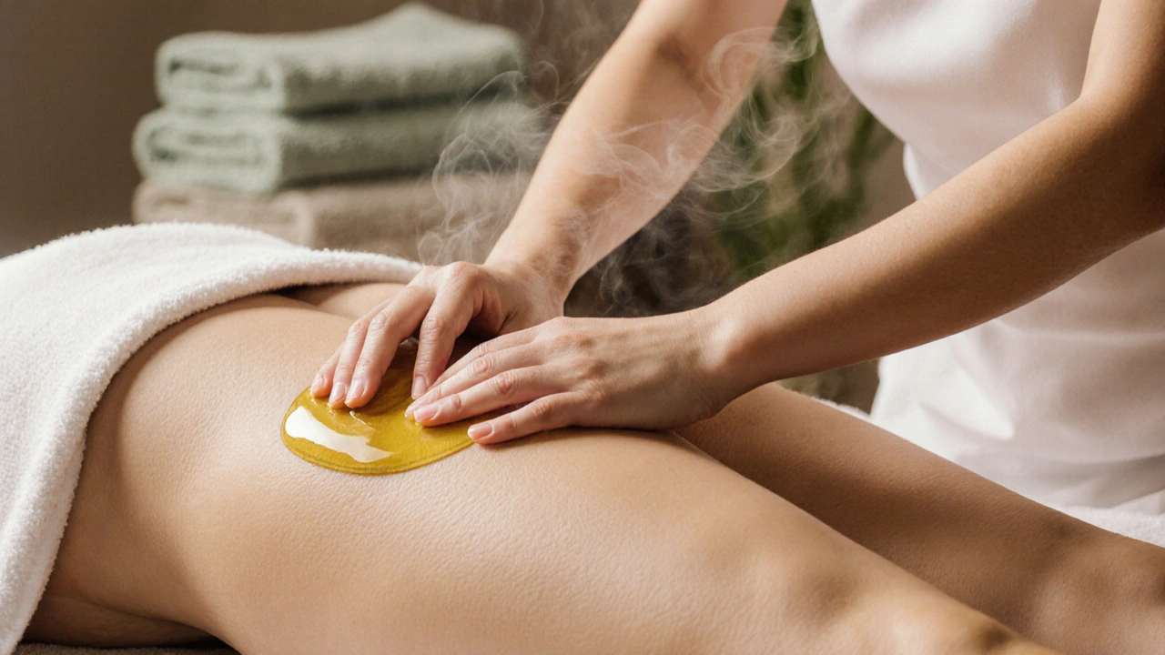 Profesionální masérka provádí hlubokou anticelulitidní masáž na stehně.