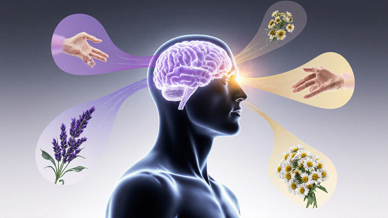 Průhledný lidský obraz s cestami světla od doteku a vůně vedoucími k klidnému mozku.