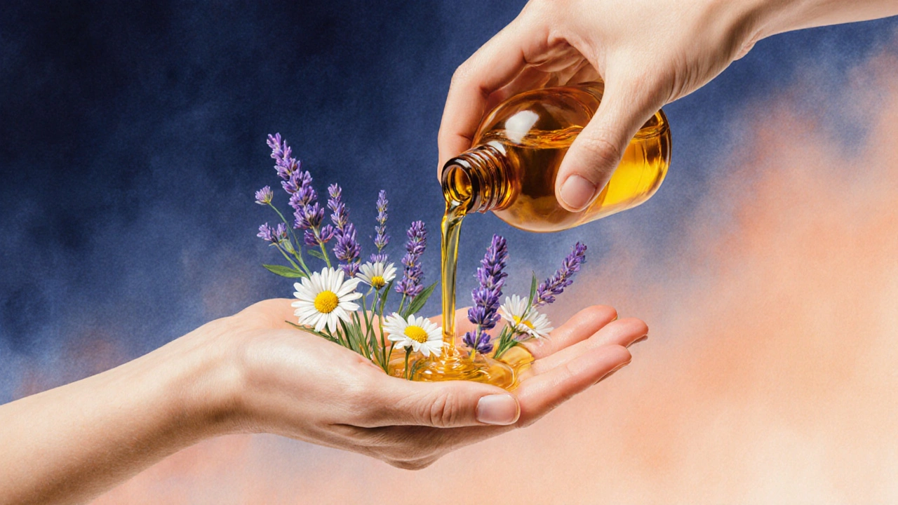 Ruce předávají teplý esenciální olej, z něhož se objevují květy lavandy a kamomile.