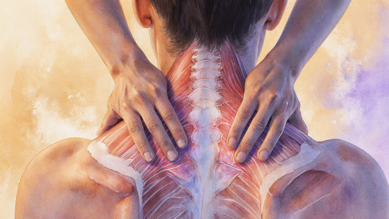 Ruce provádějí jemnou masáž na horním trapeziu a zátylku.