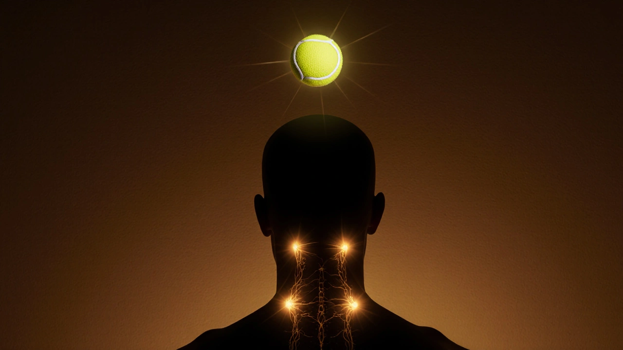 Silueta s osvětlenými body tlaku na krku a zátylku.