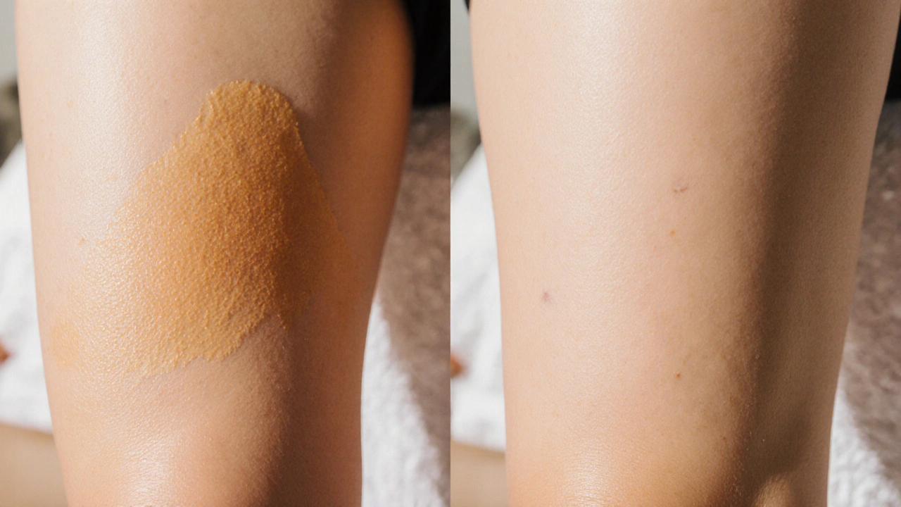 Srovnání textury kůže na stehně před a po pravidelné masáži – zviditelněné jamky vs. hladká pokožka.