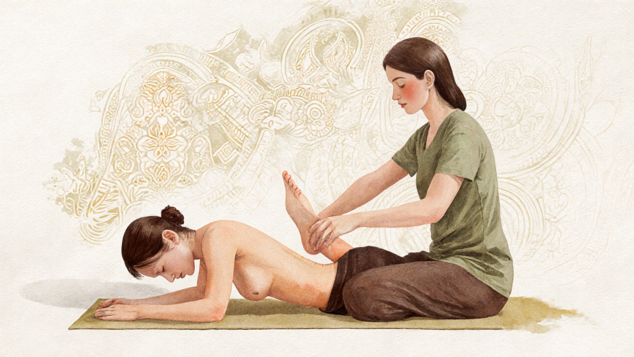 Terapeut používá nohu k tlaku na záda klienta během thajské masáže na podlaze.