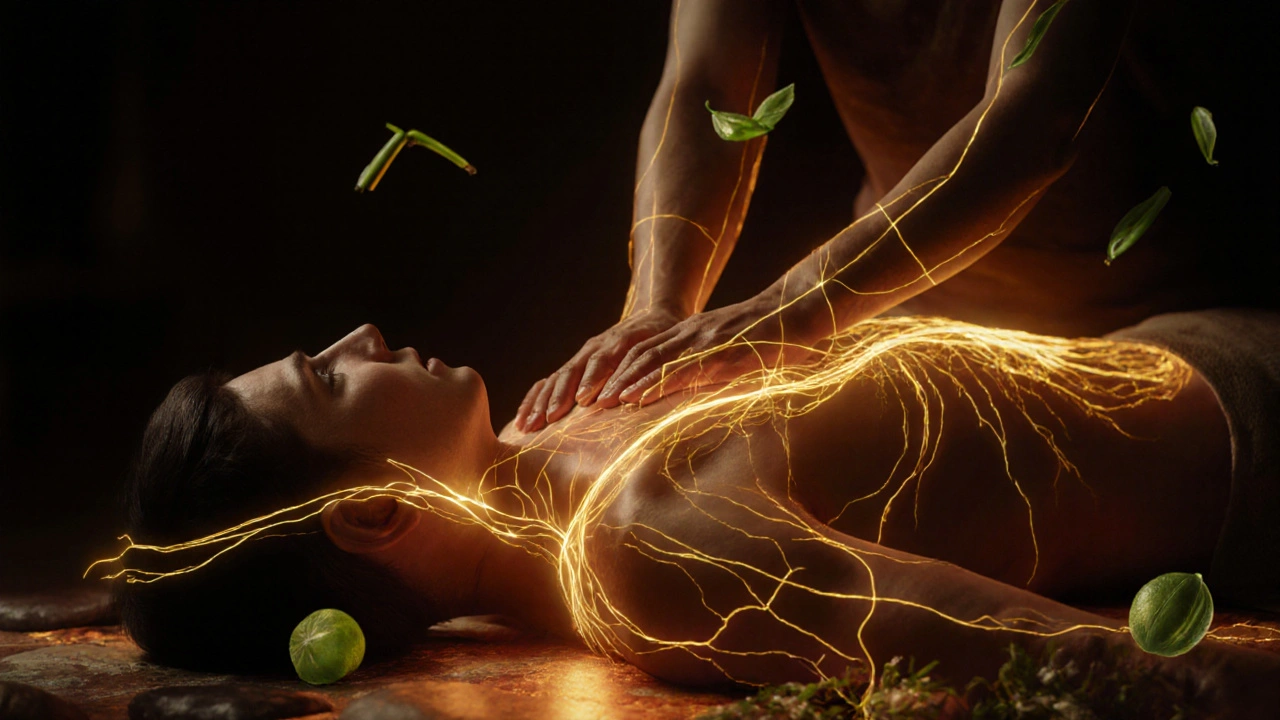 Zlaté energetické linky procházejí tělem osoby při thajské masáži, kolem rostliny.