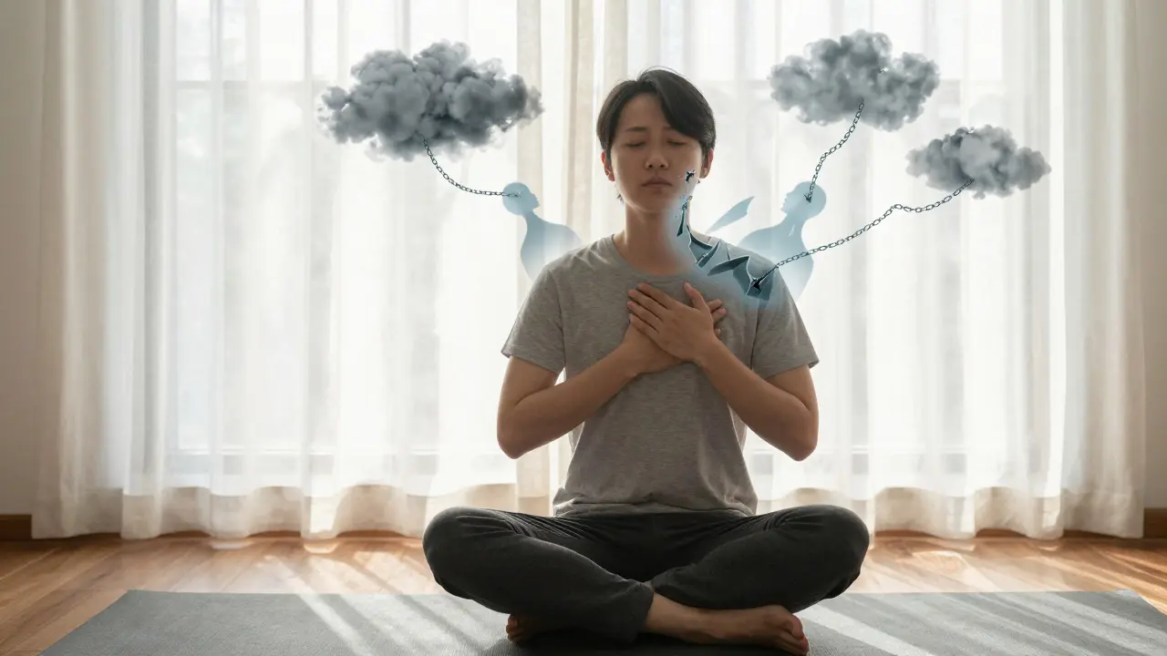 Člověk dýchá hluboce po masáži, zatímco tělesné napětí pomalu mizí jako stíny.