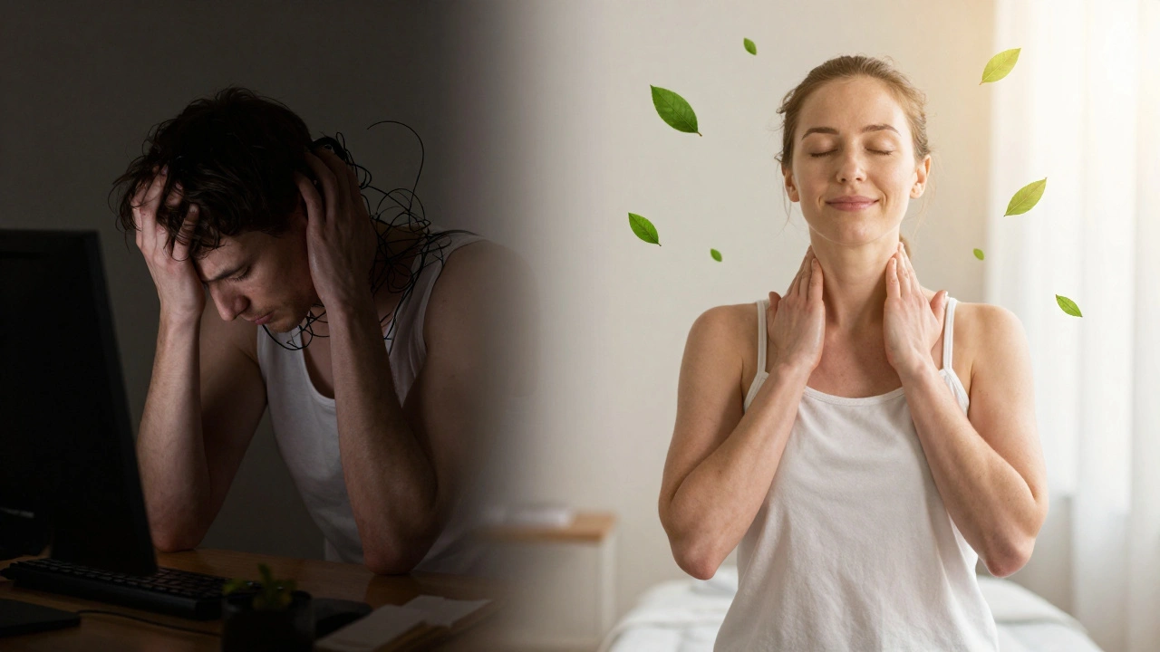 Dvě strany jednoho člověka: napětí před masáží a klid po ní, přechod od únavy k obnově.