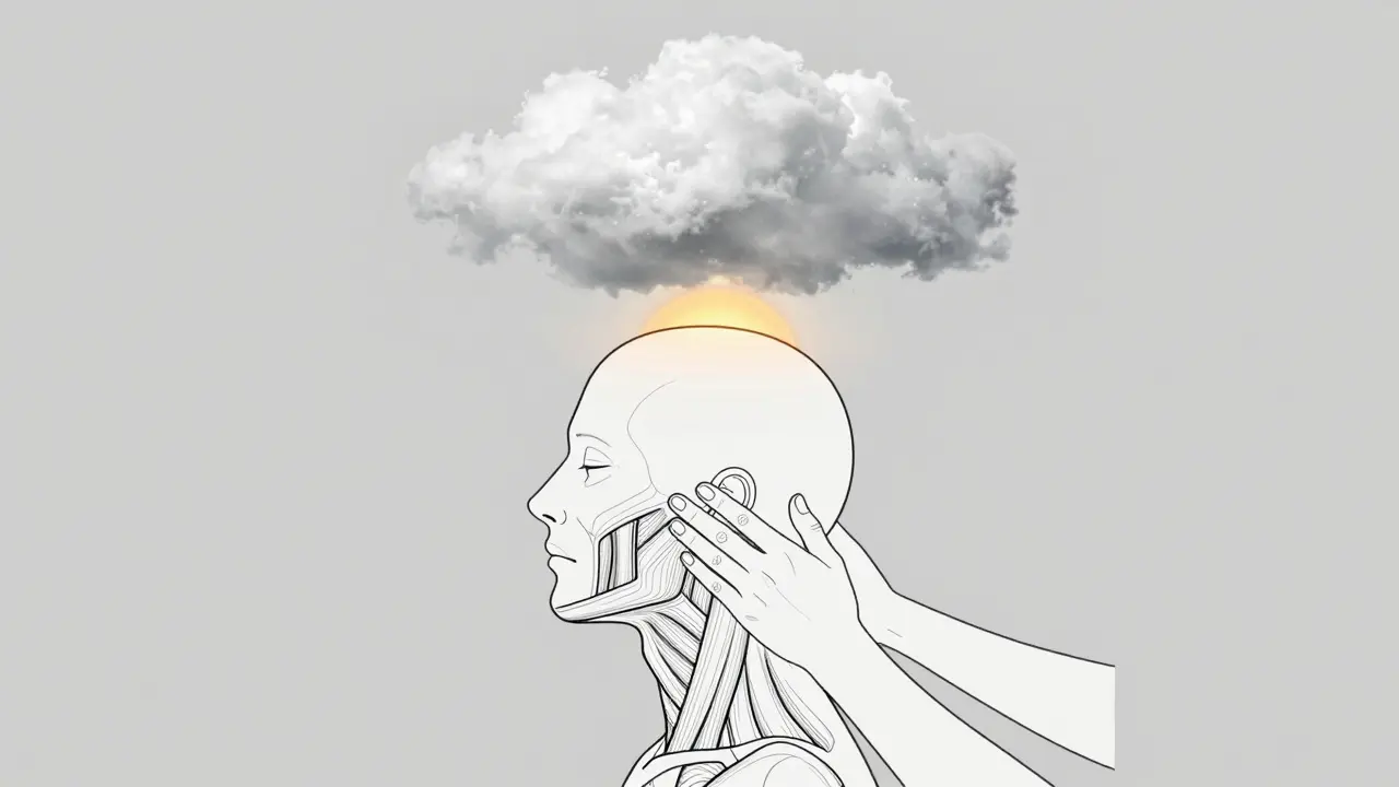 Minimální čárový výkres znázorňující uvolnění napětí z krku a čelisti přeměňujícího bolest na klid.