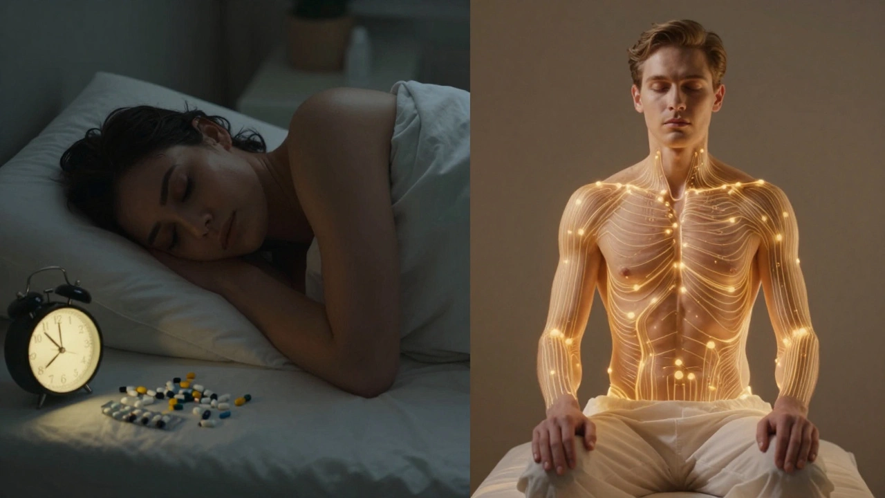 Porovnání vyčerpání a obnovy: jedna strana s únavou a léky, druhá se zářící energií a klidem po masáži.