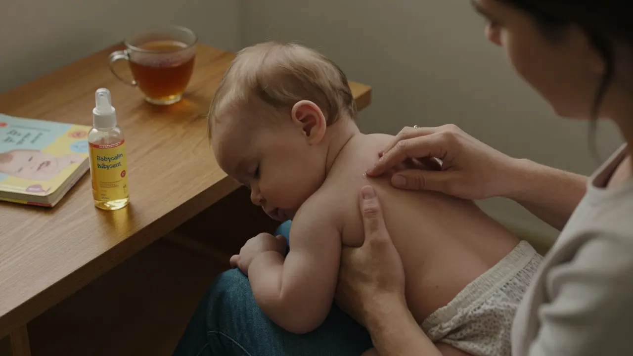 Rodič hladí záda dítěte v náručí, zatímco dítě klidně spí s očima zavřenýma.