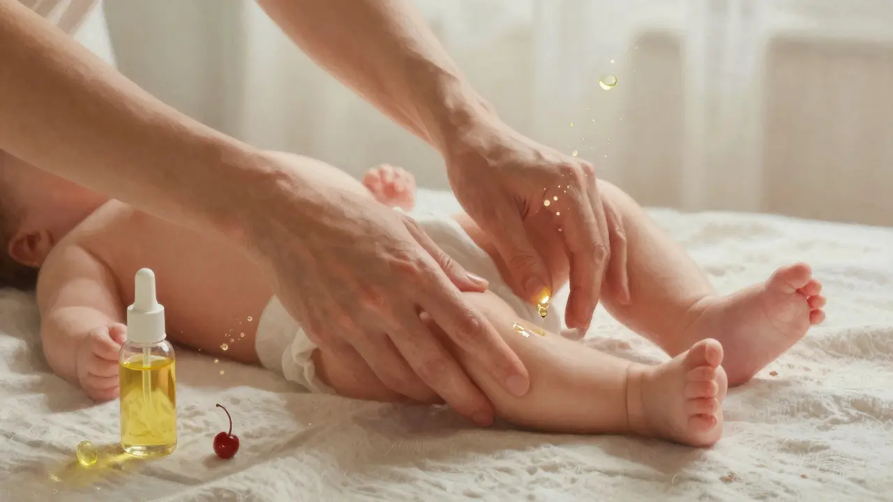 Ruce rodiče jemně přetahují nožičky dítěte k bříšku při masáži s přírodním olejem.