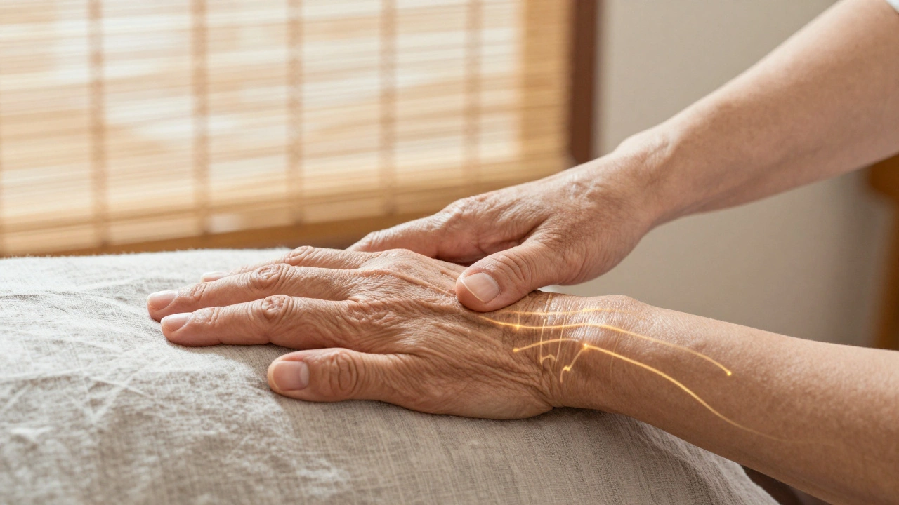 Stará žena dostává jemnou masáž ruky terapeutom, viditelné jsou jemné energie podél meridiánů.