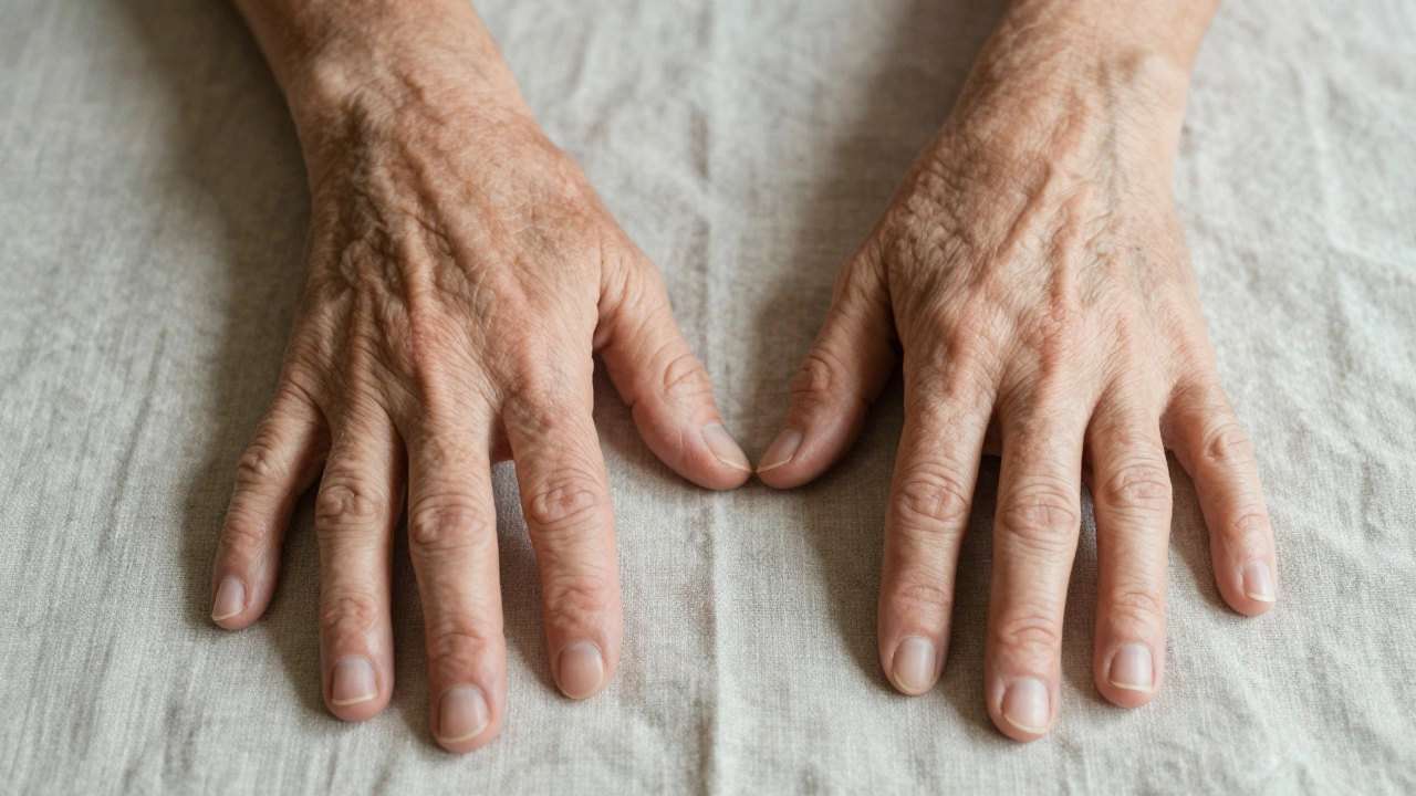 Starší a mladá ruka klidně leží vedle sebe na lněné tkanině, znázorňující obnovu v každém věku.