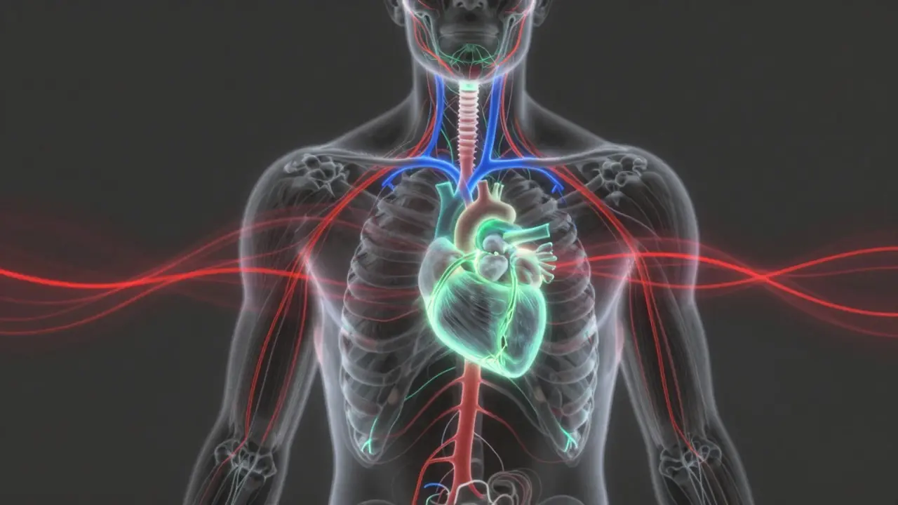 Symbolické znázornění nervového systému s uvolňujícími světelnými cestami z napjatých svalů.