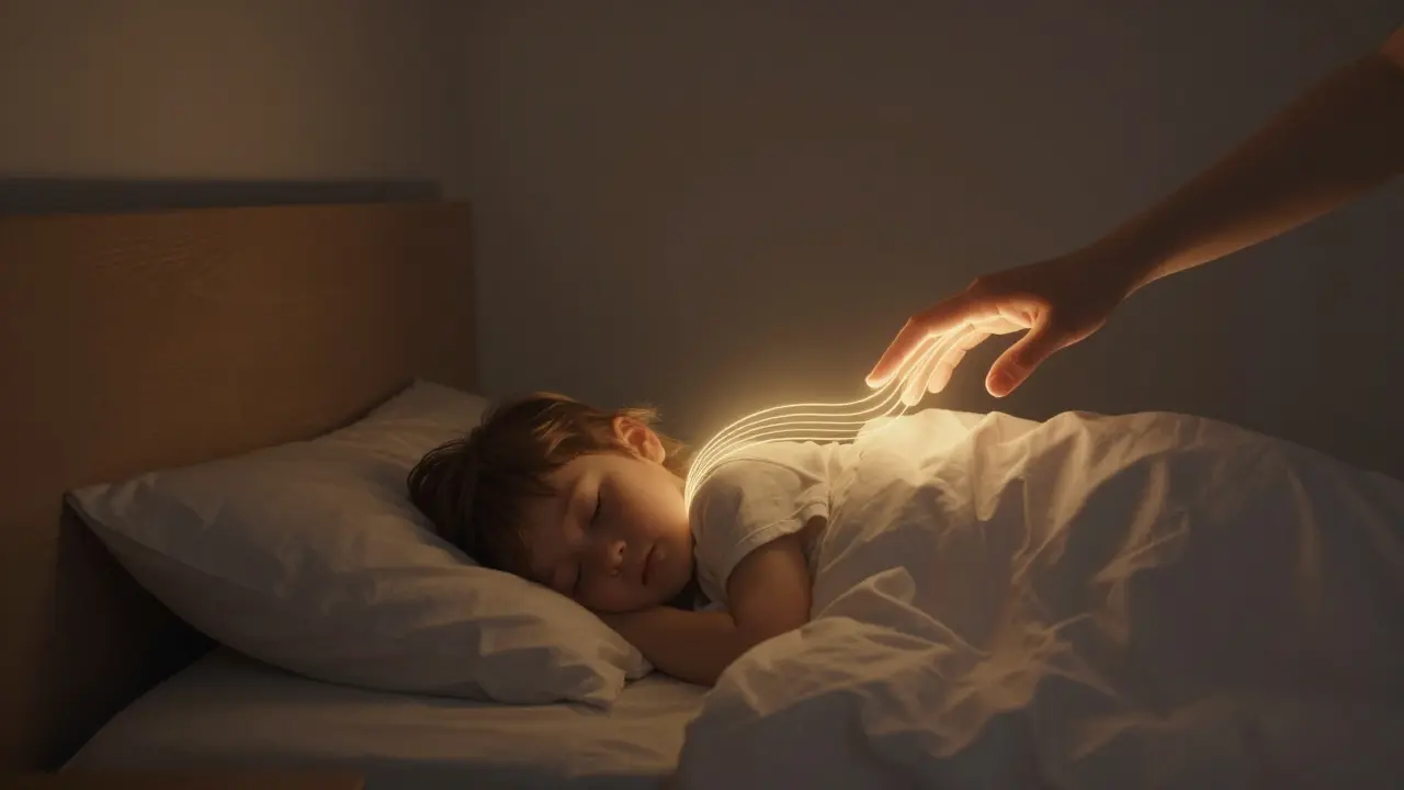 Symbolický obraz teplé přítomnosti rodiče, která klidně obklopuje spící dítě.