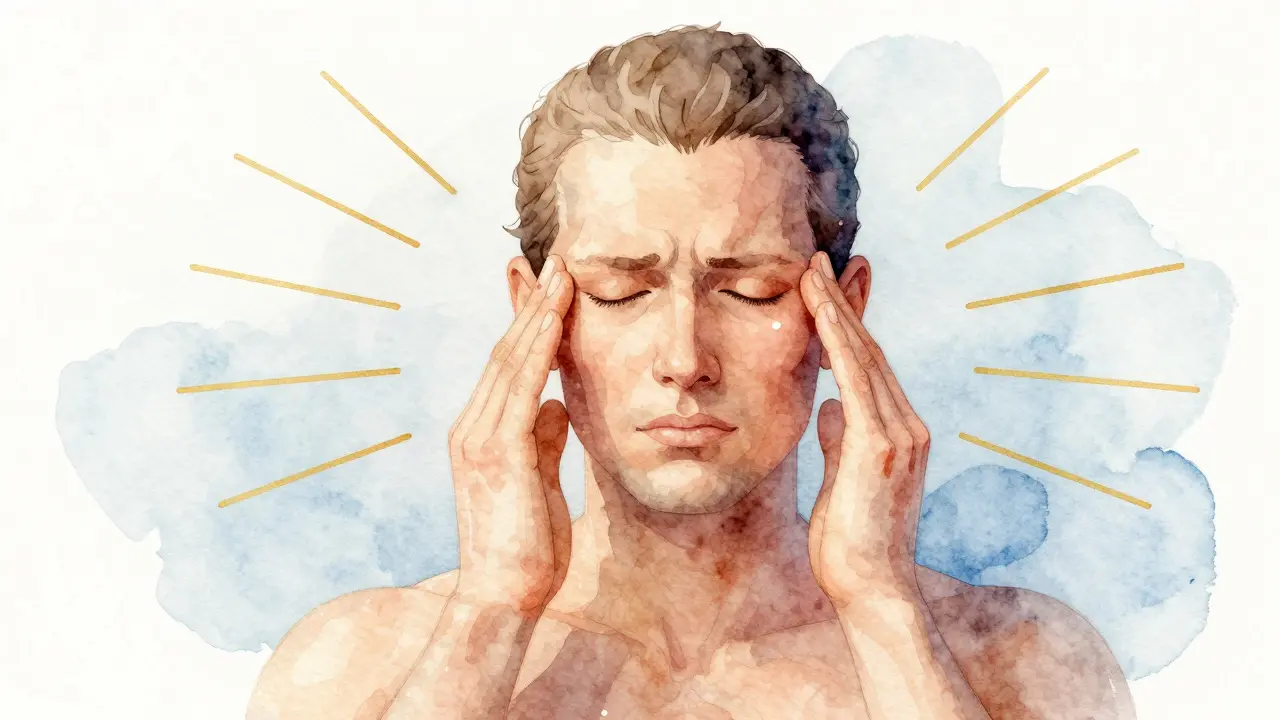 Vodová malba tří klíčových bodů pro úlevu od bolesti hlavy: podklíčková oblast, zátylek a čelist.