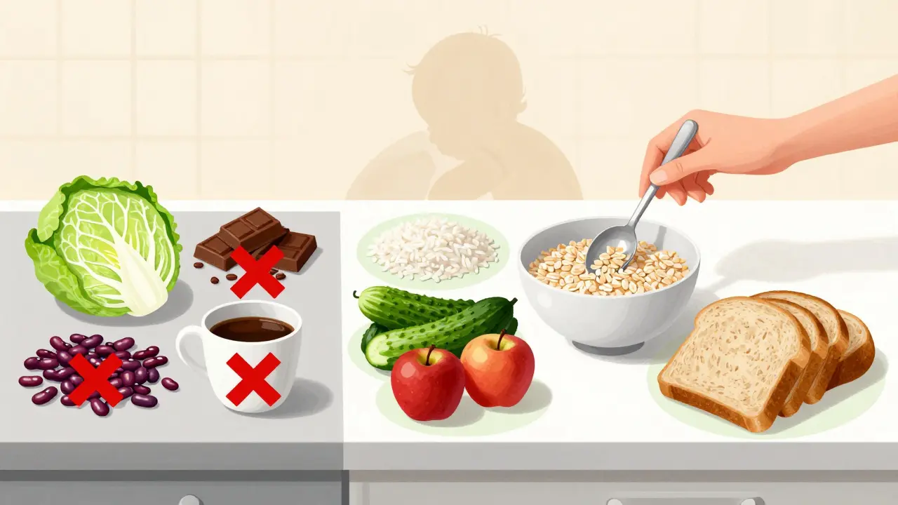 Dvě strany kuchyňského stolu: na jedné straně potraviny, které způsobují koliky, na druhé straně bezpečné potraviny pro kojící mámu.