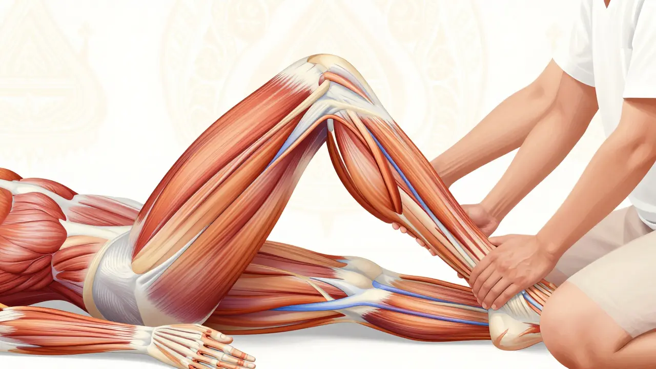 Ilustrace zvýšeného krevního oběhu v nohou během thajské masáže s tepnami označenými teplými barvami.