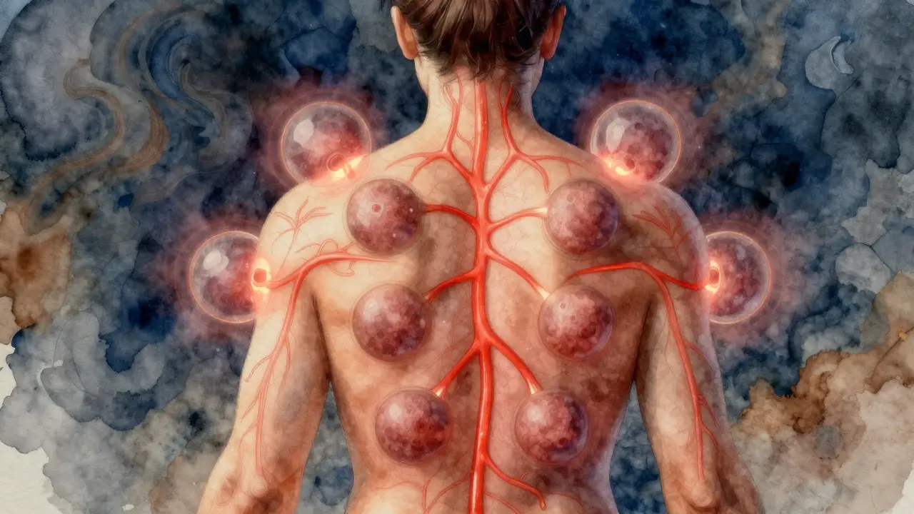 Koncepční obrázek záda s ozářenými cestami krve vycházejícími z kruhů po baňkování.
