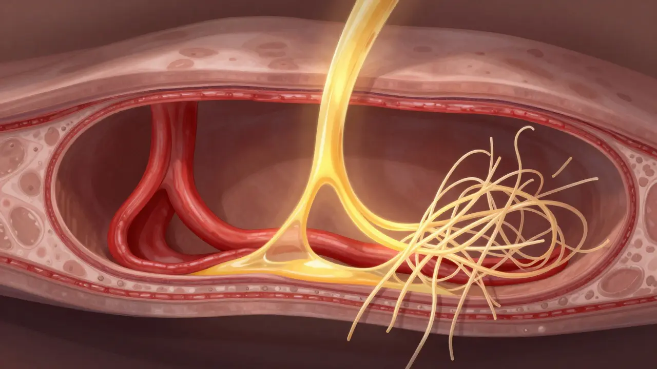Křížový řez lidské tkáně ukazující zvýšený krevní oběh, odtok lymfy a uvolnění pojivových tkaní pod vlivem podtlaku.