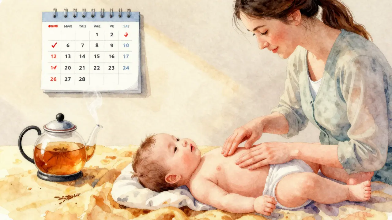 Matka jemně masíruje bříško svého miminka po směru hodinových ručiček, teplá látky a čaj jsou na pozadí.