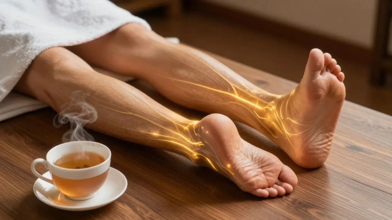 Osoba odpočívá po masáži, s teplým zářením z končetin a hrnkem bylinného čaje na stole.