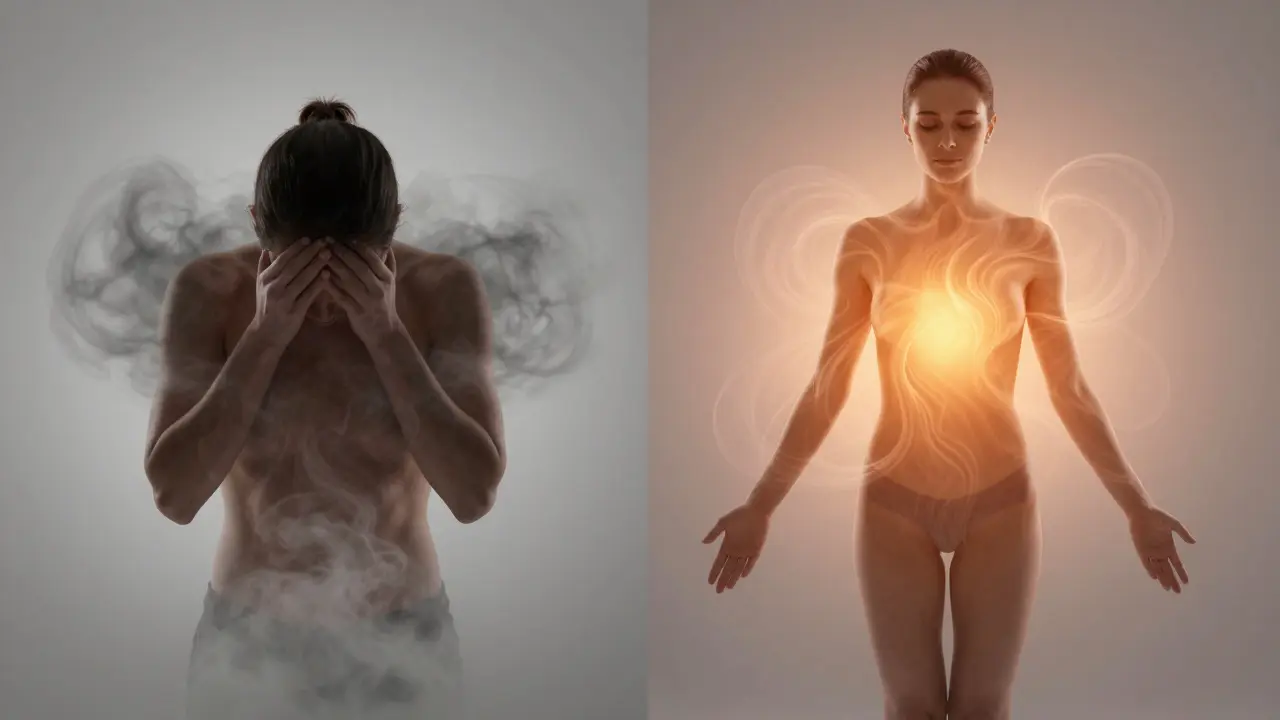 Před a po Shiatsu: jeden obraz ukazuje stres a blokovanou energii, druhý klid a obnovu vnitřního toku.