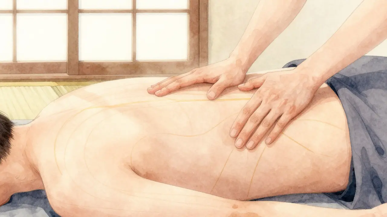 Ruce terapeuta tlačí podél meridiánů těla, s jemnými zlatými čarami znázorňujícími tok energie.