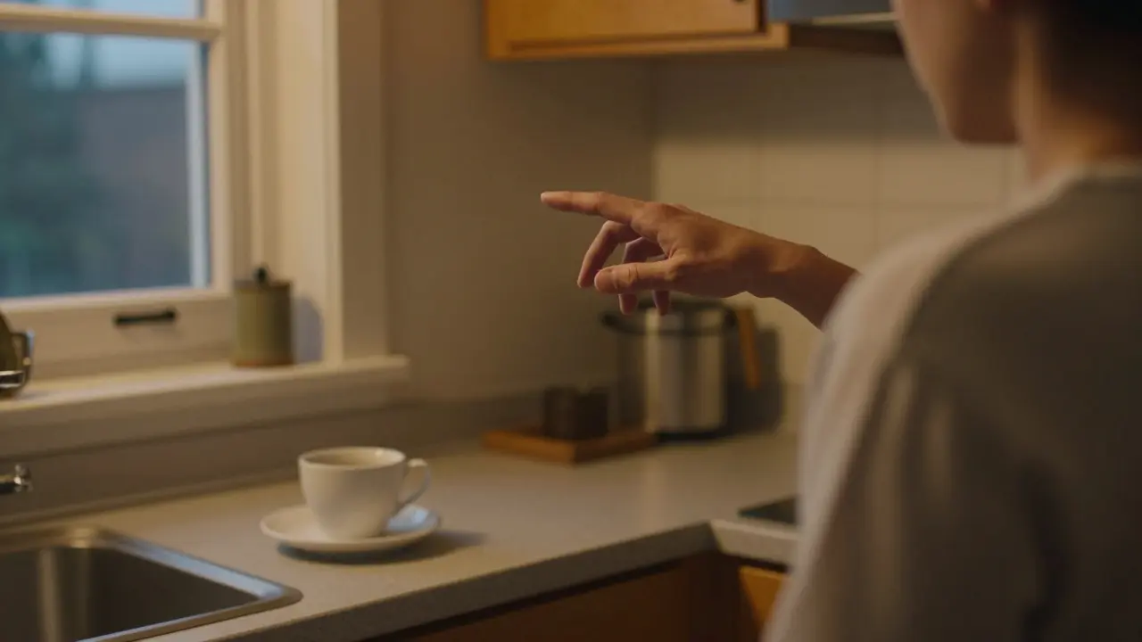 Ruka se blíží k rameni partnera v kuchyni, bez slov, jen přítomnost.