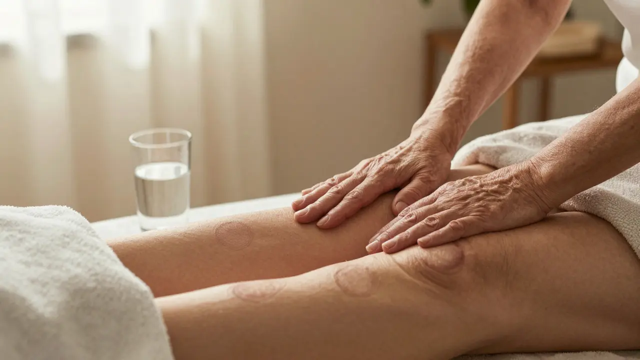 Starší žena po sezení vakuoterapie, klidně sedí na léčebné lžíci, na nohou má jemné známky po nádobkách, v pozadí je sklenice vody.