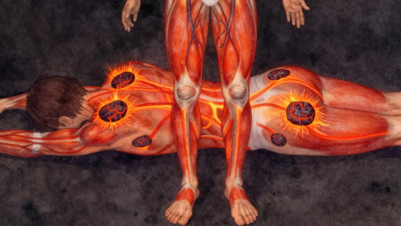 Tepelné vzory na těle od lávových kamenů, znázorňující zlepšený oběh.