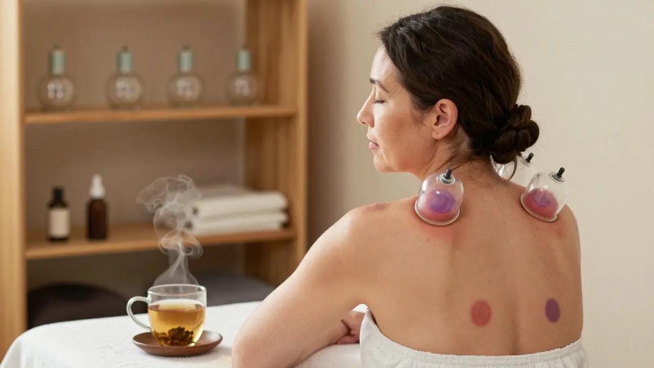 Žena s uvolněným výrazem tváře a značkami po baňkování na ramenou v klidné terapeutické místnosti.