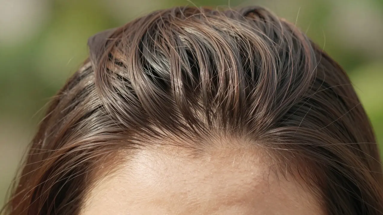 Blízký záběr zdravého skalpu s leskem a hydrací kůže.