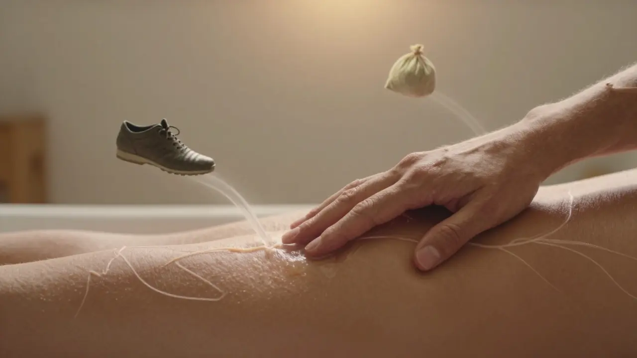 Jemně zvětšená ruka s viditelným tokem lymfy směrem k tělu, kolem ní symbolické předměty, které zhoršují stav.