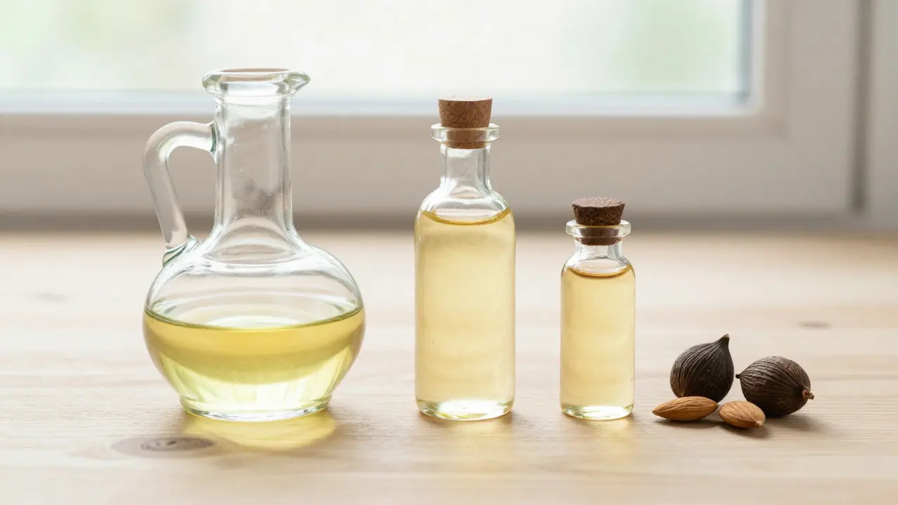 Kokosový a mandlový olej s kardamomem na dřevěné desce.