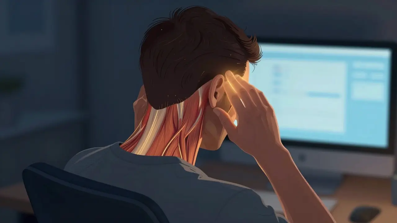 Muž masíruje základ lebky v kanceláři, zářící teplotní vlny symbolizují uvolnění napětí.