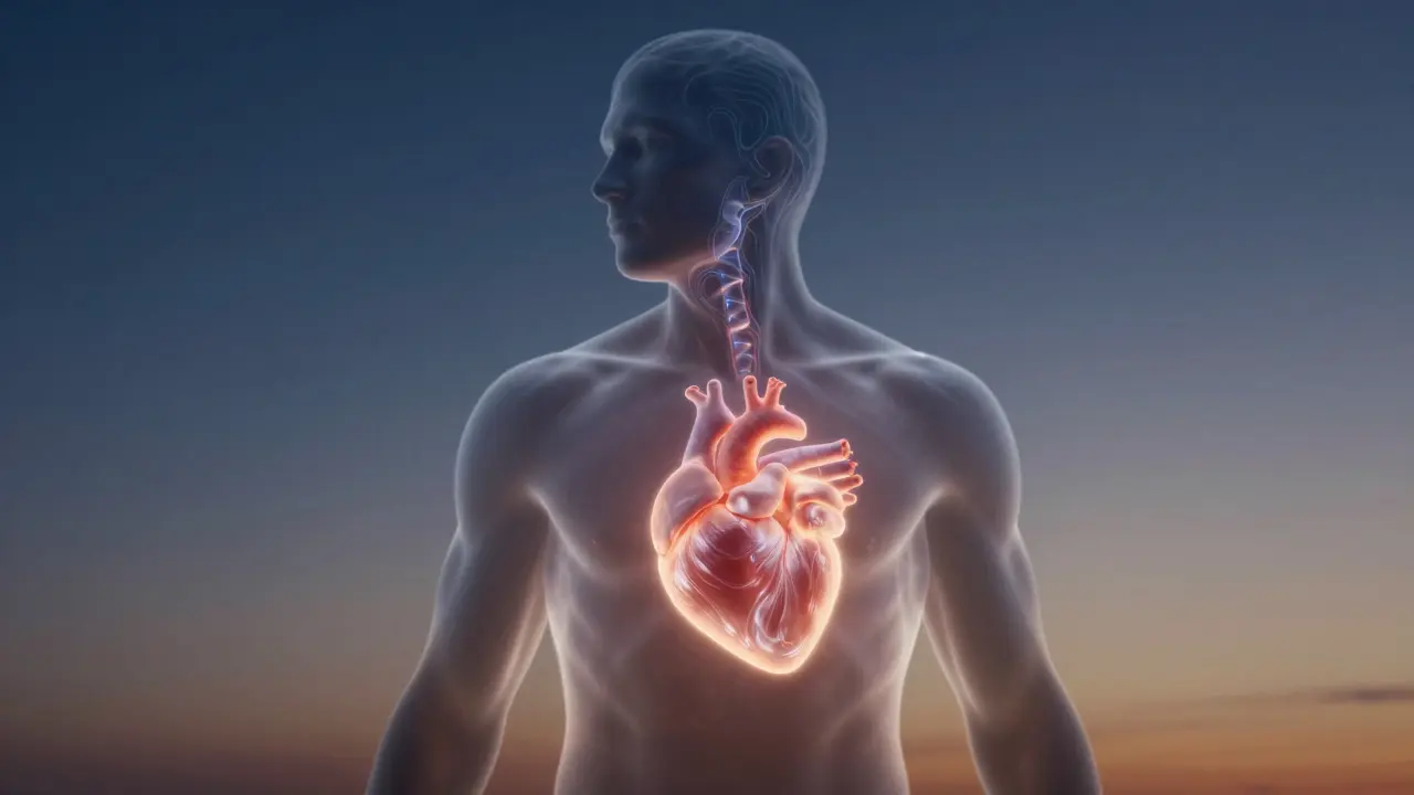 Přehledný lidský silueta s přehlednými vrstvami napětí, energie a světla, symbolizující holistické uvolnění těla a mysli.