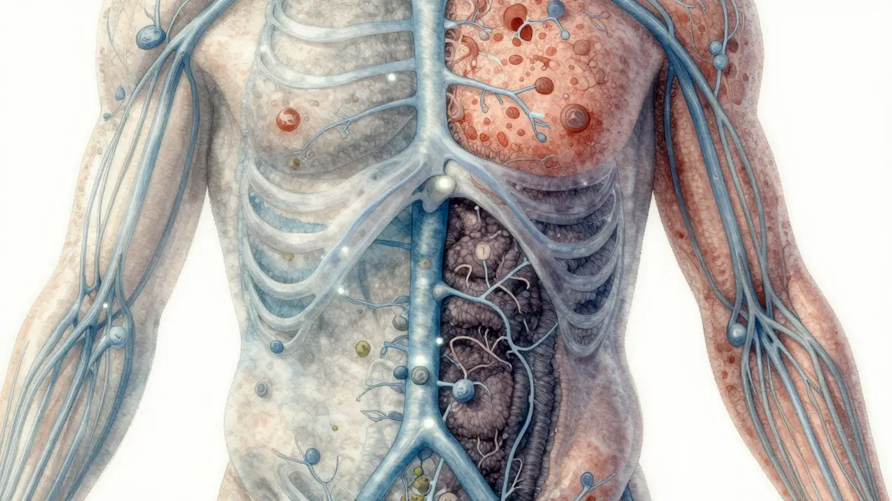 Průhledný nákres lymfatického systému s blokovanými cévami v jedné končetině a zdravými v druhé, s odlišným tokem tekutiny.