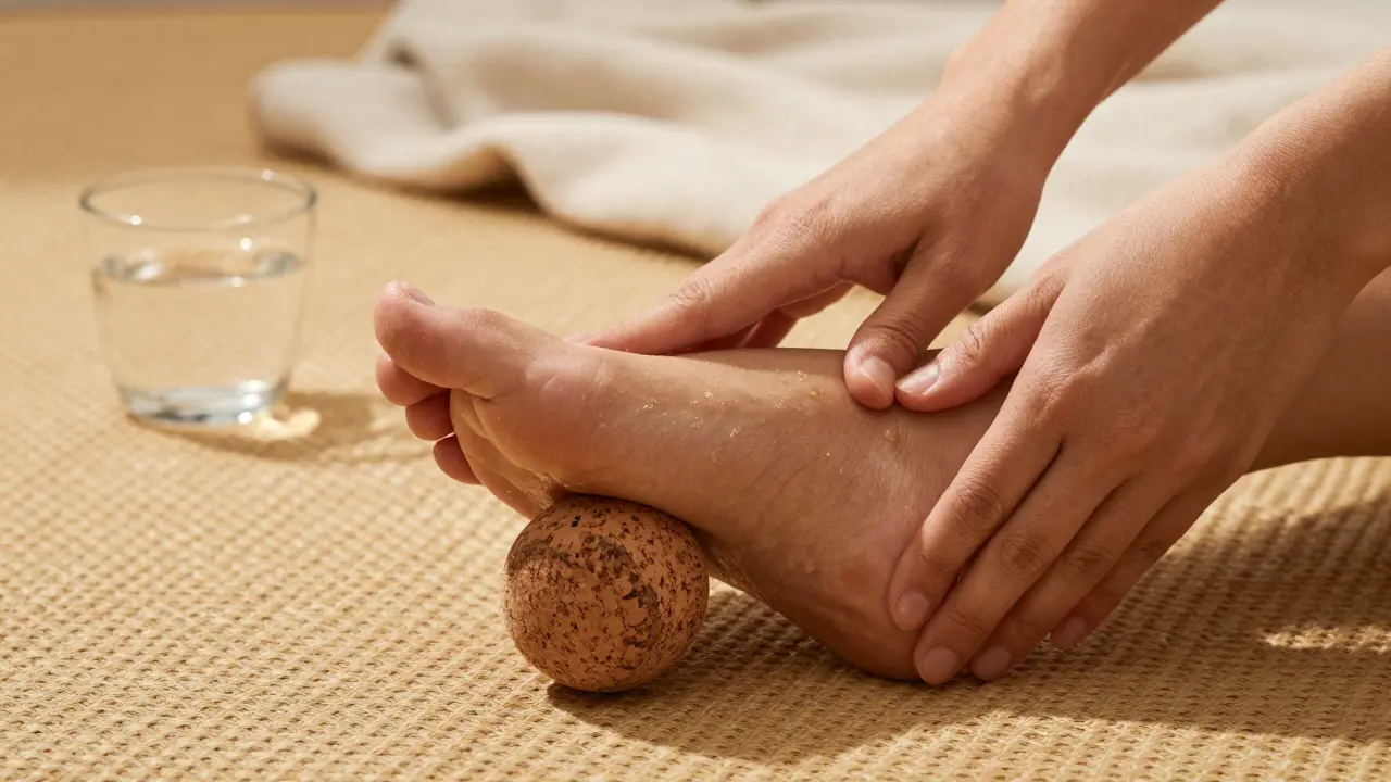 Ruce masírují chodidlo pomocí korkové kuličky, s teplým olejem a textilní podložkou, při tichém, klidném prostředí.
