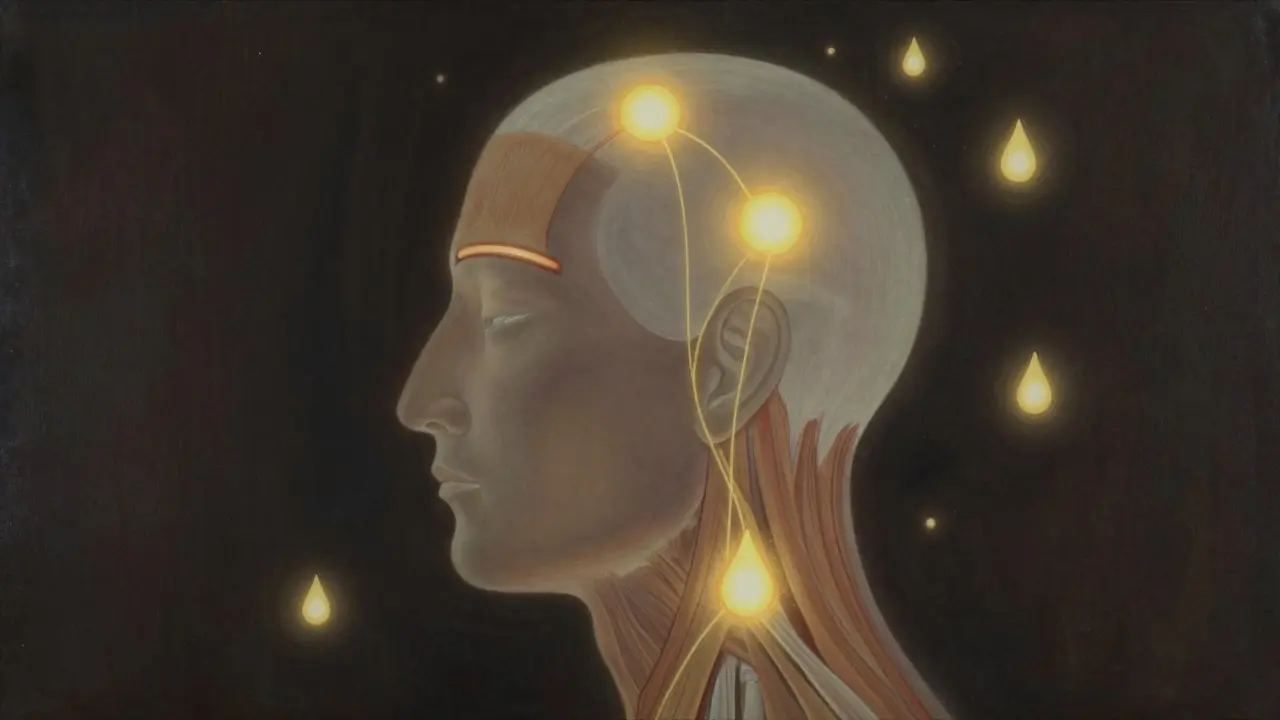 Stylizovaná hlava s třemi zářícími body tlaku a zlatými linkami uvolňujícími napětí.