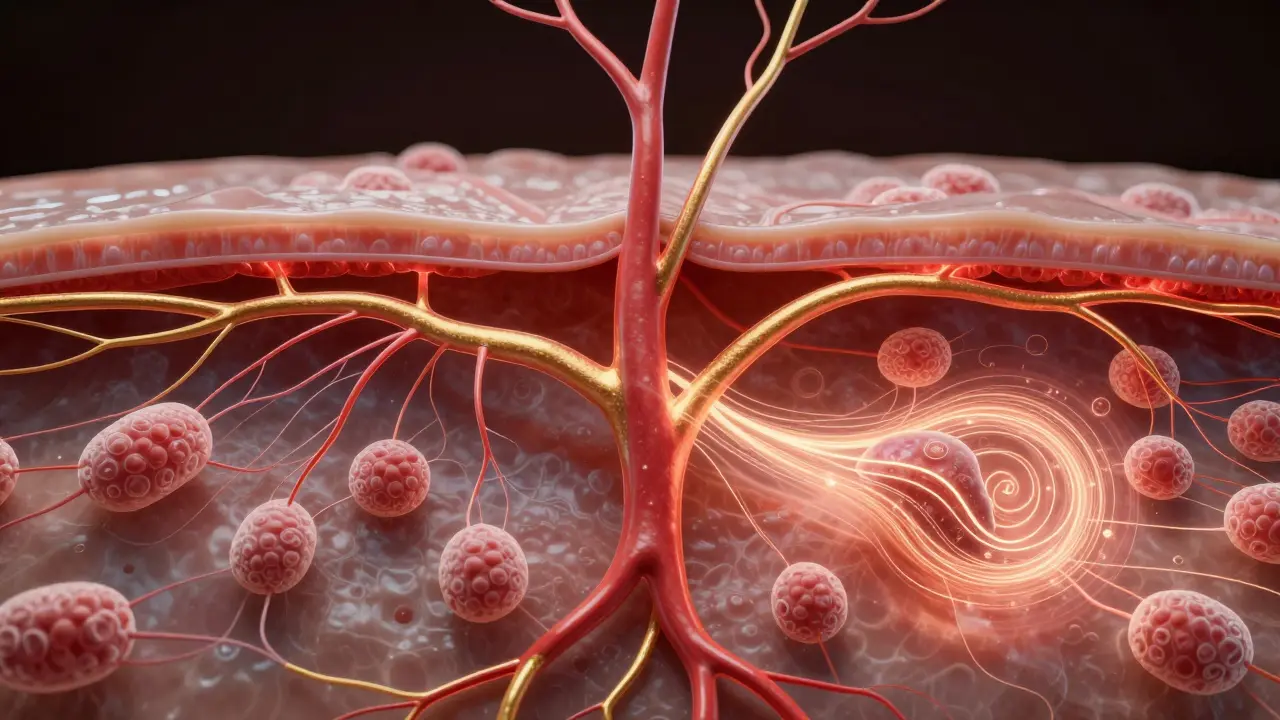 Vnitřní pohled na krevní oběh a kolagen v tkáních při vakuoterapii.