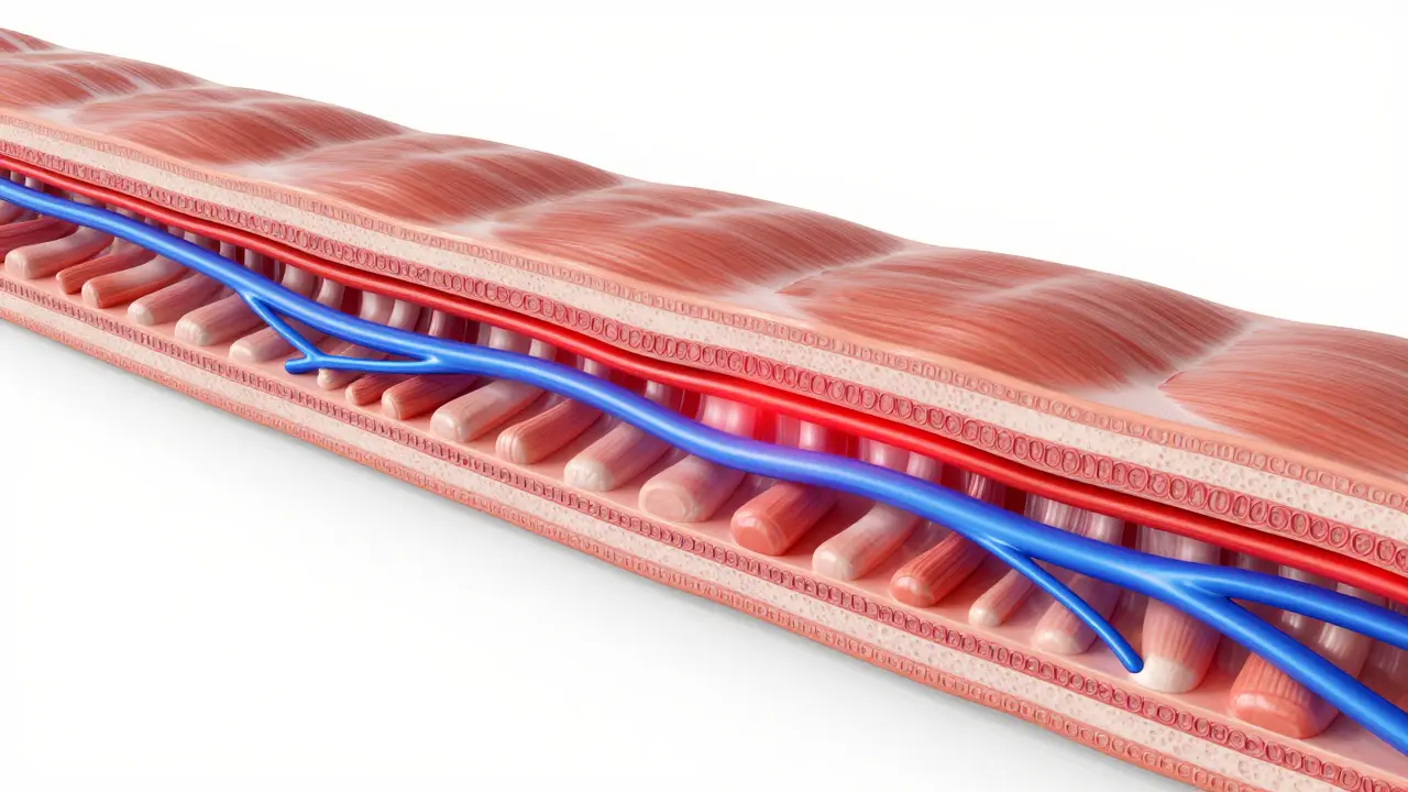 Abstraktní ilustrace prokrvení a uvolnění svalových vláken.